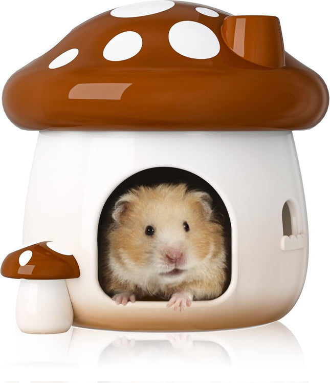 BUCATSTATE Ceramic Hamster Hideout, Mushroom-Shaped Hamster House and Habitat, Fresh Bed, Ideal for Dwarf Hamsters, for All Seasons, Gerbils, Golden Bear (Brown/Large)