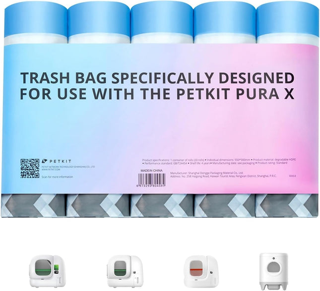 PETKIT Cat Litter Box Bag with Drawstrings, Bag for Cat Litter Tray for Pura Max 2 and Pura X, Scratch-Resistant for Pets, Cats, Dogs, Poop Cat Litter, 5 Rolls x 20 (Pack of 100)