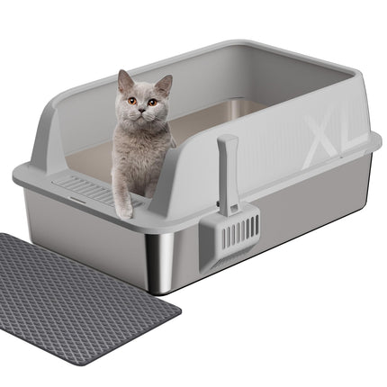 Gimars XL Metal Cat Litter Tray, Large Cat Litter Tray Stainless Steel 35L with Shovel & Mat, Robust Metal Cat Litter Tray, Stainless Steel Cat Litter Tray for Large and Medium Cats