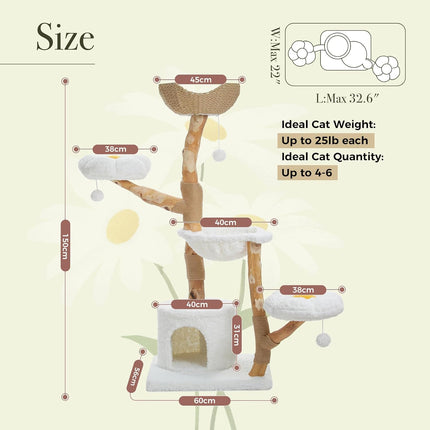 PETEPELA Kratzbaum für Wohnungskatzen, 150 cm hoher moderner Katzenbaum für große Katzen, mit 3 großen Körben, aus massivem Naturholz, Luxus-Katzenhaus mit Hängematte, modernes Möbel, Beige