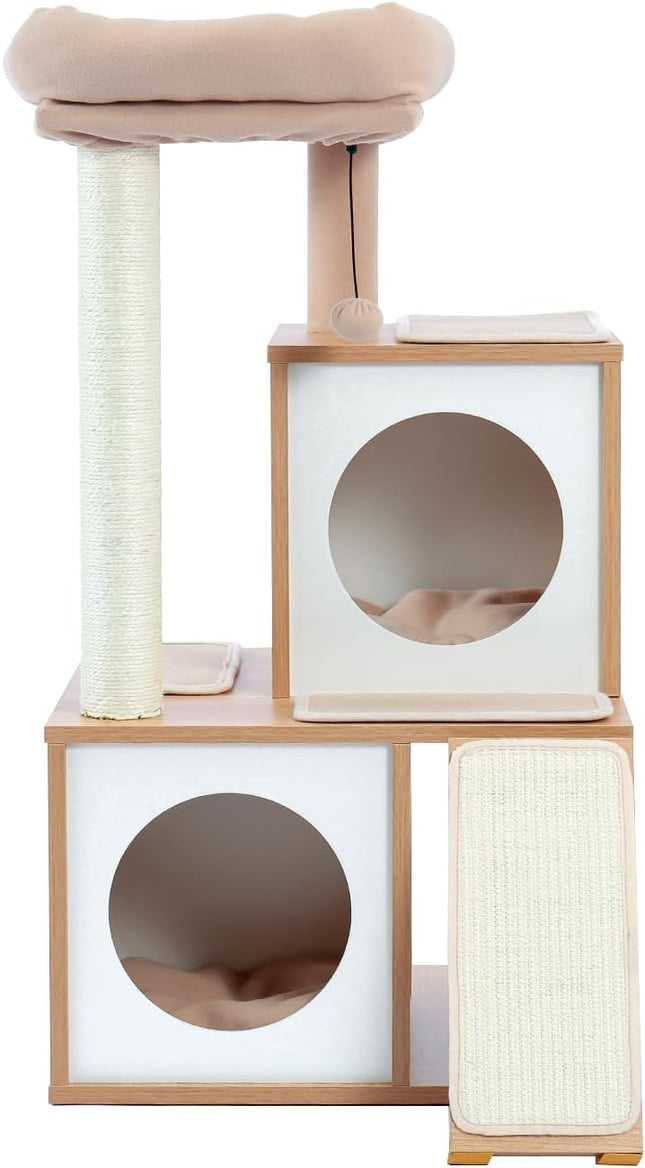 PETEPELA Kratzbaum für Katzen, 89 cm, Katzenturm mit Doppelhöhlen, abnehmbare, geräumige Sitzfläche, vollständig mit Sisal umwickelte Kratzstämme, austauschbare baumelnde Bälle, Beige