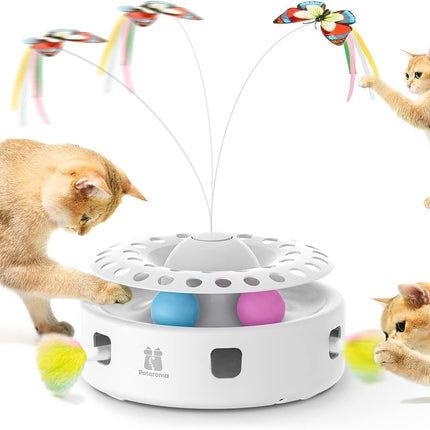 Potaroma 3-in-1 Interaktives Elektrisches Katzenspielzeug – Automatisches Federspiel, Flatternder Schmetterling & Katzenballbahn – USB-betrieben & Batteriebetriebenes für Wohnungskatzen