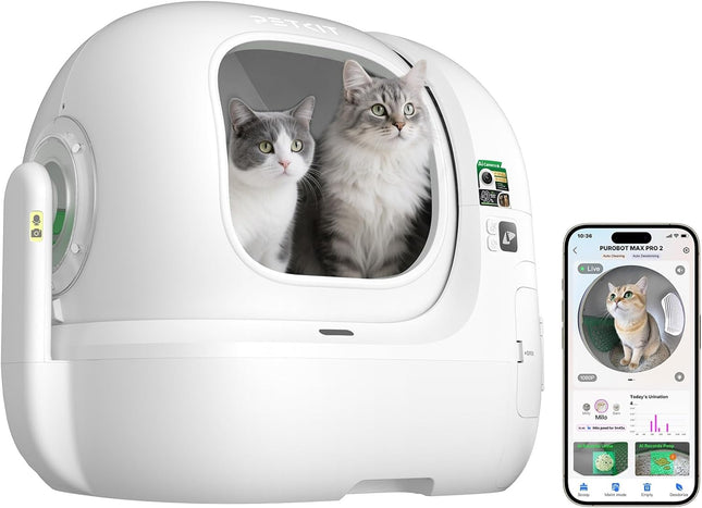 PETKIT PUROBOT Max Pro 2 Self-Cleaning Cat Litter Tray, Self-Cleaning with Camera, Intelligent Cleaning, Precise Multi-Cat Detection, AI Health Tracking, for Multiple Cats