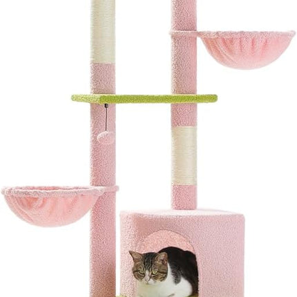 PETEPELA Kratzbaum deckenhoch Katzenturm mit großen Condo einstellbare Höhe 216cm-285cm, 5 Tiers Katzensaktivitätszentrum mit gemütlichen Hängematte, Plattformen und Dangling Balls rosa