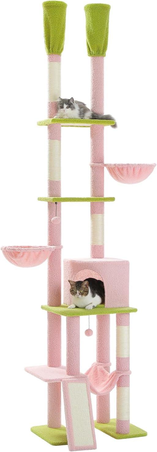 PETEPELA Kratzbaum deckenhoch Katzenturm mit großen Condo einstellbare Höhe 216cm-285cm, 5 Tiers Katzensaktivitätszentrum mit gemütlichen Hängematte, Plattformen und Dangling Balls rosa