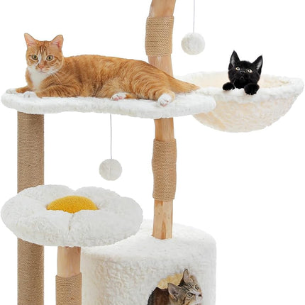 PETEPELA 120 cm Moderner Kratzbaum für große Katzen mit Blumen-Aussichtsplattform, natürlichem Massivholz-Kratzpfosten, Boho-Rattan-Kratzbaum mit Höhle und Weidenkorb-Bett für Wohnungskatzen, Wolkenwe