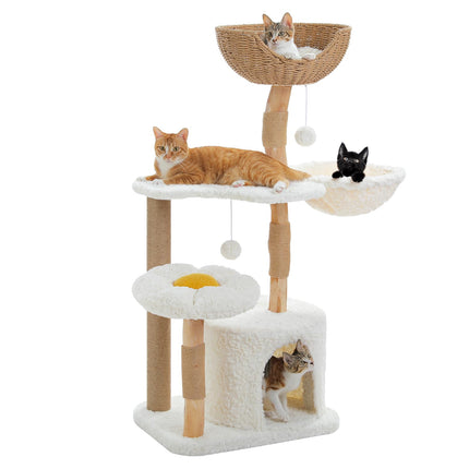 PETEPELA Kratzbaum für Wohnungskatzen, 150 cm hoher moderner Katzenbaum für große Katzen, mit 3 großen Körben, aus massivem Naturholz, Luxus-Katzenhaus mit Hängematte, modernes Möbel, Beige