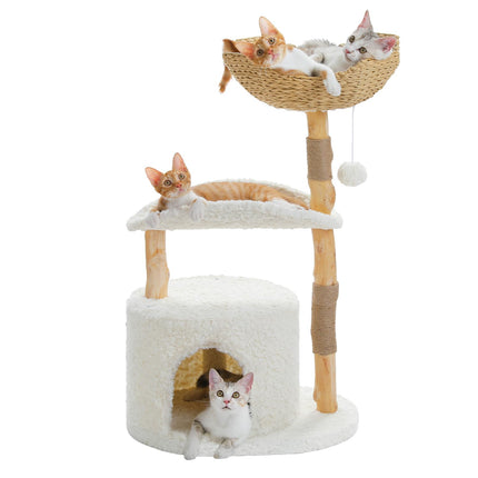 PETEPELA 120 cm Moderner Kratzbaum für große Katzen mit Blumen-Aussichtsplattform, natürlichem Massivholz-Kratzpfosten, Boho-Rattan-Kratzbaum mit Höhle und Weidenkorb-Bett für Wohnungskatzen, Wolkenwe