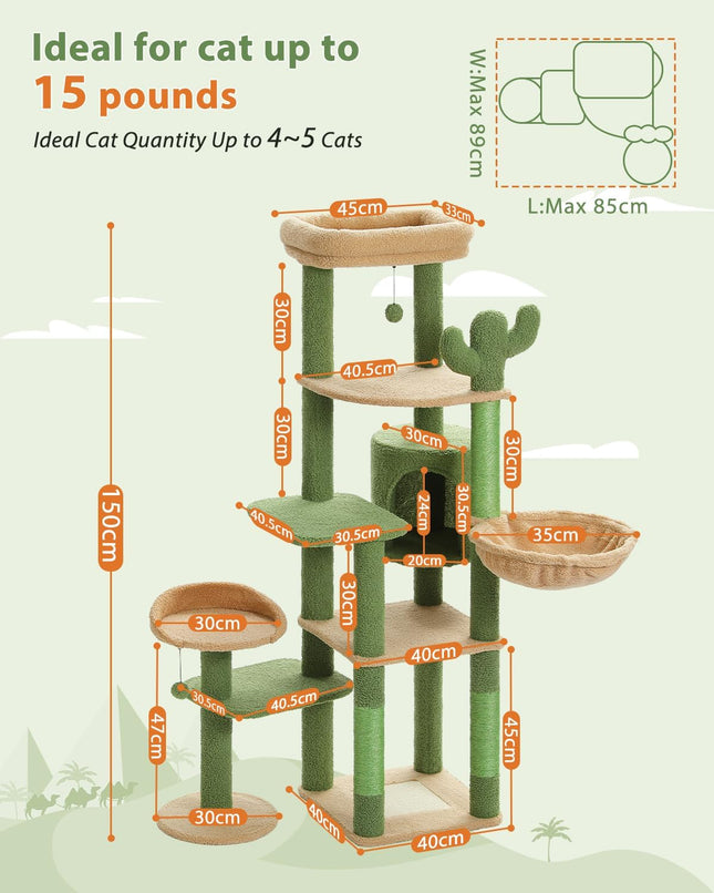 PETEPELA 150cm Kaktus Kratzbaum, hoher Katzenbaum für große Katze, mehrstöckiger Katzenturm, Katzenkratzbaum für Wohnungskatzen, Katzenwohnung mit großer Hängematte, Kratzsäule und 2 Sitzstangen, grün