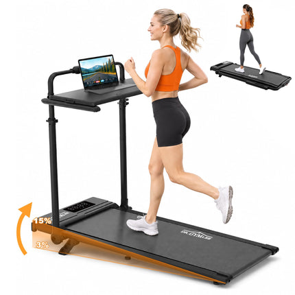 Laufband Walking Pad 6 in 1 mit Steigung 3–15% und verstellbarem Griff, Schreibtisch, 1–12 km/h, 8-Punkt-Dämpfung, LED-Display, Fernbedienung, max. 130 kg