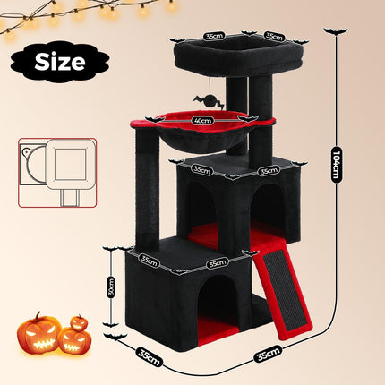 PETEPELA Kratzbaum 104cm Katzenbaum mit 2 geräumigen Höhle für Wohnungskatzen, Katzenhaus mit bequemer Hängematte, gepolsterter Sitzstange, Kratzpad und abziehbarer Spielball Schwarz