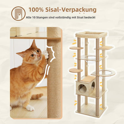 PETEPELA Kratzbaum für große Katzen, 181 cm hoch, mit Acryl-Hängematte, Multi-Stufe Holz Katzenbaum mit großer Katzenhöhle, Kratzsäule & Kratzpad, Beige