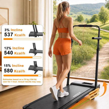 Laufband Walking Pad 6 in 1 mit Steigung 3–15% und verstellbarem Griff, Schreibtisch, 1–12 km/h, 8-Punkt-Dämpfung, LED-Display, Fernbedienung, max. 130 kg