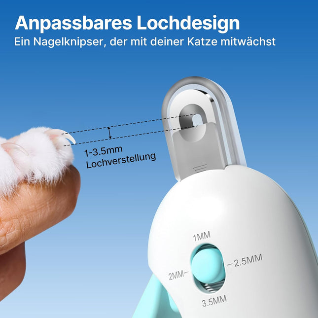 Potaroma Katzennagelschere mit verstellbarem 3-Größen-Schneideloch & integriertem Nagelfeilen | Sicherer Krallen-Schneider für Kätzchen & Indoor-Katzen | Anti-Spritz Krallenschneider