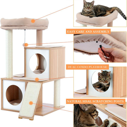 PETEPELA Kratzbaum für Katzen, 89 cm, Katzenturm mit Doppelhöhlen, abnehmbare, geräumige Sitzfläche, vollständig mit Sisal umwickelte Kratzstämme, austauschbare baumelnde Bälle, Beige