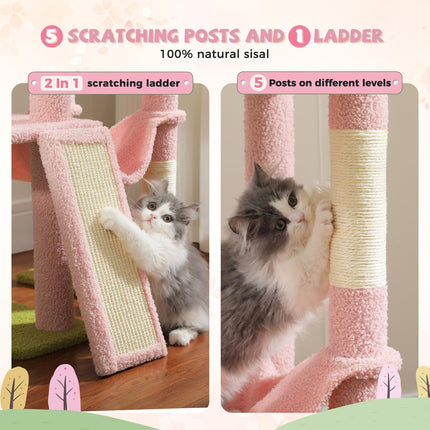 PETEPELA Kratzbaum deckenhoch Katzenturm mit großen Condo einstellbare Höhe 216cm-285cm, 5 Tiers Katzensaktivitätszentrum mit gemütlichen Hängematte, Plattformen und Dangling Balls rosa