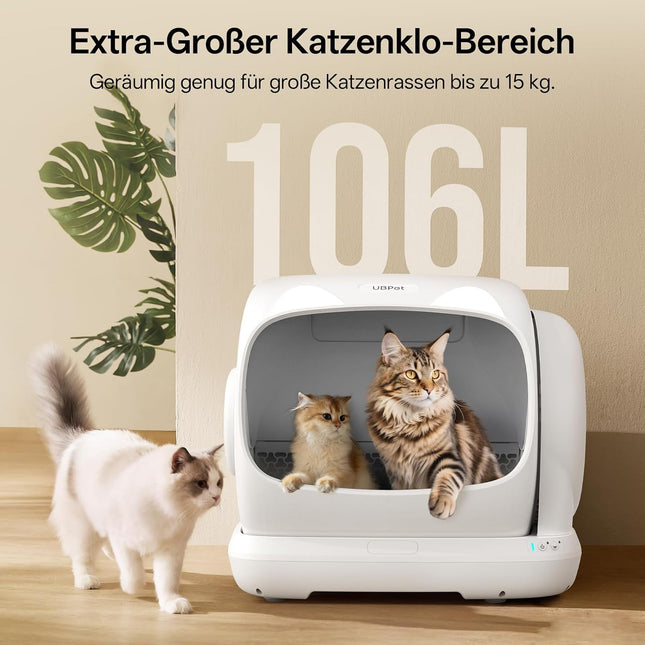 UBPET XXXL Cat Litter Tray Self-Cleaning, 106 L Self-Cleaning Cat Litter Tray with App Control, Deodoriser, Large Capacity, Automatic Cat Litter Tray for Multiple Cats (White)