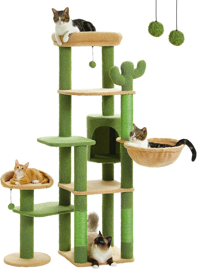 PETEPELA 150cm Kaktus Kratzbaum, hoher Katzenbaum für große Katze, mehrstöckiger Katzenturm, Katzenkratzbaum für Wohnungskatzen, Katzenwohnung mit großer Hängematte, Kratzsäule und 2 Sitzstangen, grün