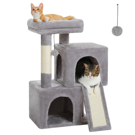 PETEPELA Kratzbaum mit Dual Condos für Wohnungskatzen, All-in-One-Katzenhaus mit gepolsterter Sitzstange, Kratzrampe und Pfosten und austauschbaren Bällen Beige