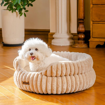 EDAGNY Stilvolle Hundebett Katzenbetten für Katzen, Weiches Rundes Hundebett für Kleine und Mittelgroße Hunde, Beruhigend Waschbares Haustierbett (Kamel, M)