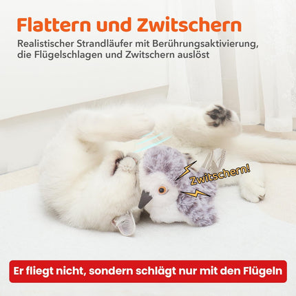 Potaroma Katzenspielzeug – Flatternder Vogel, realistischer Sandläufer mit Zwitscherlaut, wiederaufladbares, berührungsaktiviertes interaktives Spielzeug mit Katzenminze, 10,2 cm