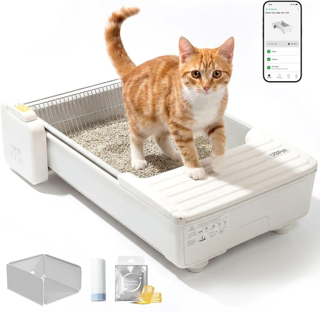 UBPET C31 Cat Litter Tray Self-Cleaning, Open Self-Cleaning Cat Litter Tray with App Control, Deodoriser, Double Data Teeth Design, Large Capacity, Automatic Cat Litter Tray for Multiple Cats