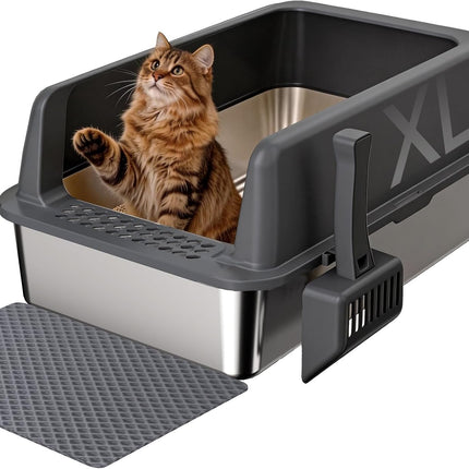 Gimars XL Metal Cat Litter Tray, Large Cat Litter Tray Stainless Steel 35L with Shovel & Mat, Robust Metal Cat Litter Tray, Stainless Steel Cat Litter Tray for Large and Medium Cats