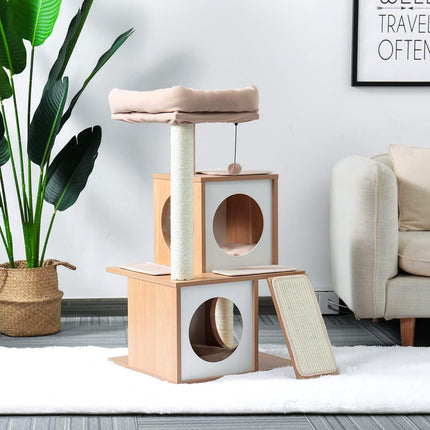 PETEPELA Kratzbaum für Katzen, 89 cm, Katzenturm mit Doppelhöhlen, abnehmbare, geräumige Sitzfläche, vollständig mit Sisal umwickelte Kratzstämme, austauschbare baumelnde Bälle, Beige