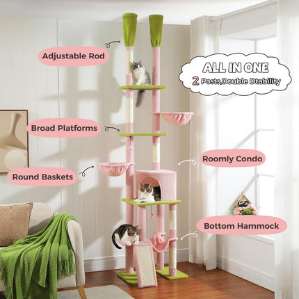 PETEPELA Kratzbaum deckenhoch Katzenturm mit großen Condo einstellbare Höhe 216cm-285cm, 5 Tiers Katzensaktivitätszentrum mit gemütlichen Hängematte, Plattformen und Dangling Balls rosa