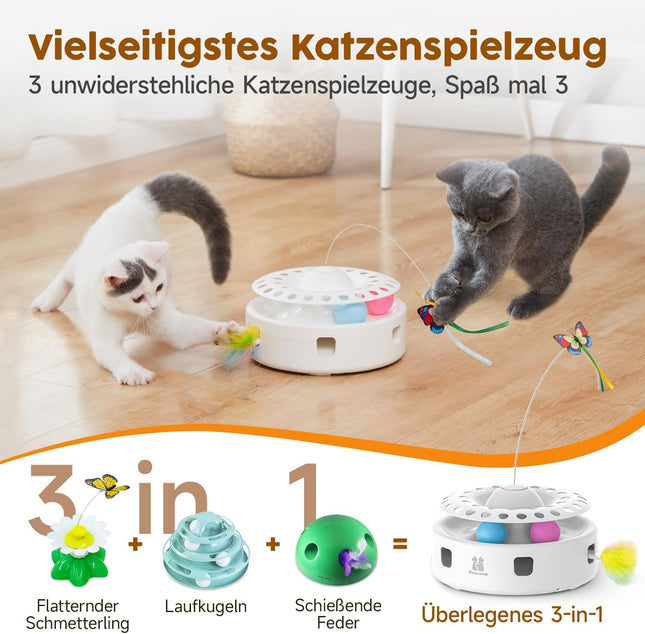 Potaroma 3-in-1 Interaktives Elektrisches Katzenspielzeug – Automatisches Federspiel, Flatternder Schmetterling & Katzenballbahn – USB-betrieben & Batteriebetriebenes für Wohnungskatzen