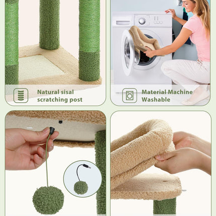 PETEPELA 150cm Kaktus Kratzbaum, hoher Katzenbaum für große Katze, mehrstöckiger Katzenturm, Katzenkratzbaum für Wohnungskatzen, Katzenwohnung mit großer Hängematte, Kratzsäule und 2 Sitzstangen, grün