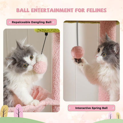 PETEPELA Kratzbaum deckenhoch Katzenturm mit großen Condo einstellbare Höhe 216cm-285cm, 5 Tiers Katzensaktivitätszentrum mit gemütlichen Hängematte, Plattformen und Dangling Balls rosa