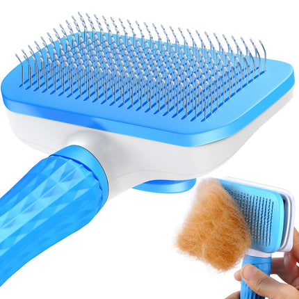 ACE2ACE Haustier Hundebürste Katzenbürste, Haustier Bürsten, Hundebürste Katzenbürste für Langhaar und Kurzhaar, Sauberes Haustierhaar von der Bürste mit Einem Knopf, Blau