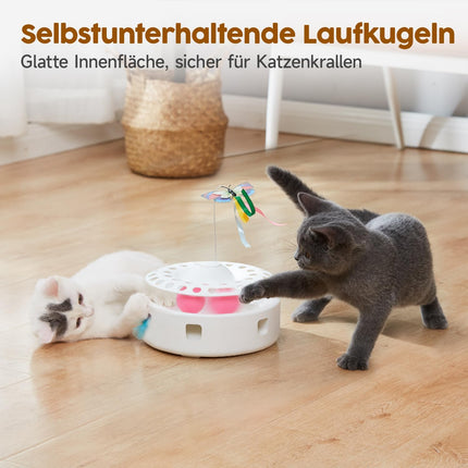 Potaroma 3-in-1 Interaktives Elektrisches Katzenspielzeug – Automatisches Federspiel, Flatternder Schmetterling & Katzenballbahn – USB-betrieben & Batteriebetriebenes für Wohnungskatzen