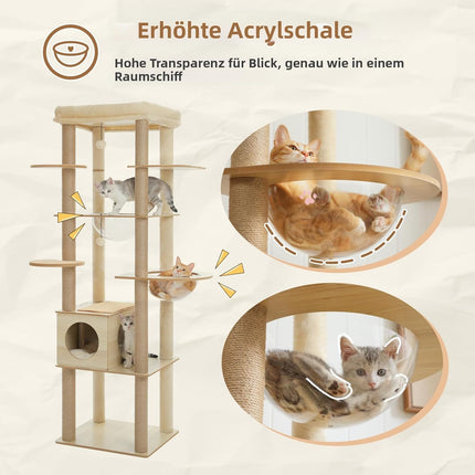 PETEPELA Kratzbaum für große Katzen, 181 cm hoch, mit Acryl-Hängematte, Multi-Stufe Holz Katzenbaum mit großer Katzenhöhle, Kratzsäule & Kratzpad, Beige