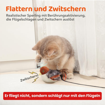 Potaroma Katzenspielzeug – Flatternder Spatz, realistische Zwitscherlaute, wiederaufladbar, berührungsaktiviert, interaktives Spielzeug mit Katzenminze für alle Katzenrassen, 10,2 cm