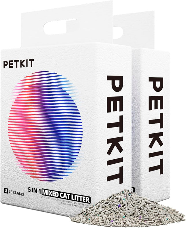 PETKIT 5-in-1 Mixed Cat Litter, 7.2 kg, Clumping Litter for Cats, Flushable, Odourless, Activated Carbon, Extremely Absorbent and Quick Drying Tofu Cat Litter (Two Pockets)