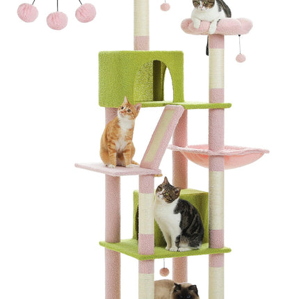 PETEPELA 180cm Kaktus Kratzbaum groß, Multi-Level Katzenbaum für große Katzen, mit 6 Sisalsäule, 2 Kratzbrettern, 2 Plattformen, 1 Hängematte, 2 Spielbälle,grün