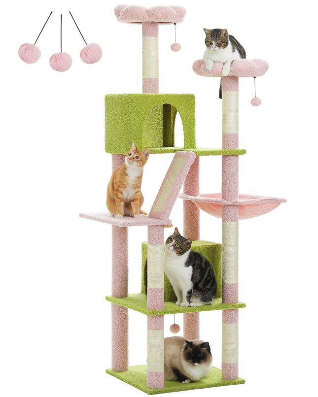PETEPELA 180cm Kaktus Kratzbaum groß, Multi-Level Katzenbaum für große Katzen, mit 6 Sisalsäule, 2 Kratzbrettern, 2 Plattformen, 1 Hängematte, 2 Spielbälle,grün