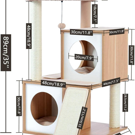 PETEPELA Kratzbaum für Katzen, 89 cm, Katzenturm mit Doppelhöhlen, abnehmbare, geräumige Sitzfläche, vollständig mit Sisal umwickelte Kratzstämme, austauschbare baumelnde Bälle, Beige