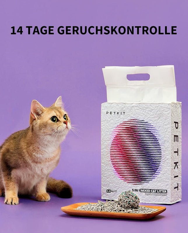 PETKIT 5-in-1 Mixed Cat Litter, 7.2 kg, Clumping Litter for Cats, Flushable, Odourless, Activated Carbon, Extremely Absorbent and Quick Drying Tofu Cat Litter (Two Pockets)