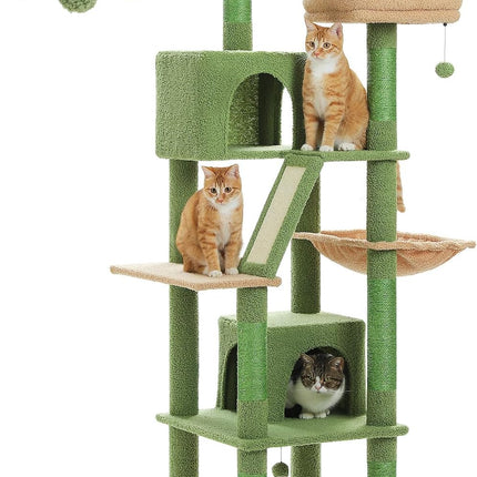 PETEPELA 180cm Kaktus Kratzbaum groß, Multi-Level Katzenbaum für große Katzen, mit 6 Sisalsäule, 2 Kratzbrettern, 2 Plattformen, 1 Hängematte, 2 Spielbälle,grün