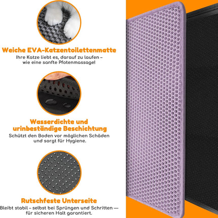 Katzenklo Matte, Doppelschicht EVA Katzenstreumatte wasserundurchlässig mit Anti-Rutsch Bienenwabenmuster Katzenmatte für Alle Katzen,Lila 40x60cm