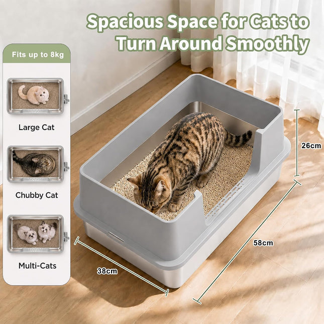 Gimars XXL Heavy Duty Stainless Steel Cat Litter Tray 58 x 38 x 26 cm - 35 L Large Cat Litter Tray with High Side Wall & Side Opening, Robust, Odourless & Easy to Clean for Large Cats & Multi-Cat Household