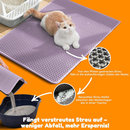Katzenklo Matte, Doppelschicht EVA Katzenstreumatte wasserundurchlässig mit Anti-Rutsch Bienenwabenmuster Katzenmatte für Alle Katzen,Lila 40x60cm