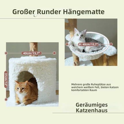 PETEPELA Kratzbaum für Wohnungskatzen, 150 cm hoher moderner Katzenbaum für große Katzen, mit 3 großen Körben, aus massivem Naturholz, Luxus-Katzenhaus mit Hängematte, modernes Möbel, Beige