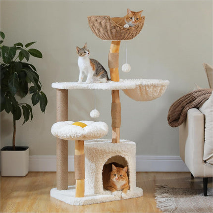 PETEPELA 120 cm Moderner Kratzbaum für große Katzen mit Blumen-Aussichtsplattform, natürlichem Massivholz-Kratzpfosten, Boho-Rattan-Kratzbaum mit Höhle und Weidenkorb-Bett für Wohnungskatzen, Wolkenwe