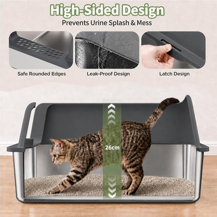 Gimars XL Metal Cat Litter Tray, Large Cat Litter Tray Stainless Steel 35L with Shovel & Mat, Robust Metal Cat Litter Tray, Stainless Steel Cat Litter Tray for Large and Medium Cats