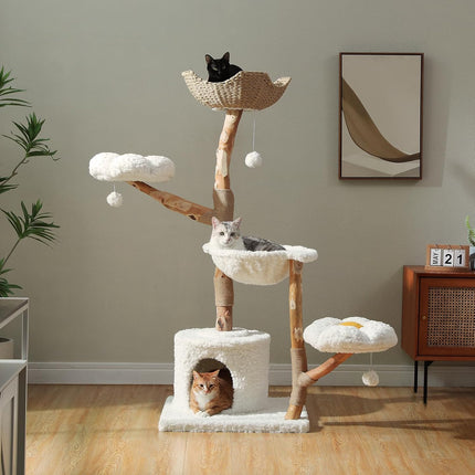 PETEPELA Kratzbaum für Wohnungskatzen, 150 cm hoher moderner Katzenbaum für große Katzen, mit 3 großen Körben, aus massivem Naturholz, Luxus-Katzenhaus mit Hängematte, modernes Möbel, Beige