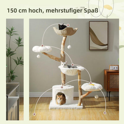 PETEPELA Kratzbaum für Wohnungskatzen, 150 cm hoher moderner Katzenbaum für große Katzen, mit 3 großen Körben, aus massivem Naturholz, Luxus-Katzenhaus mit Hängematte, modernes Möbel, Beige
